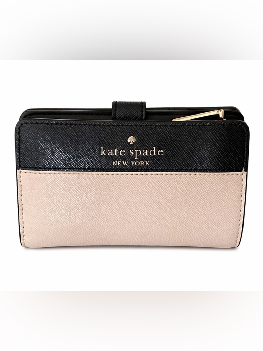 Kate Spade Staci Colorblock Medium Compact Bifold Wallet in Warmbeige Black